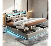 Letto imbottito 140x190cm, letto contenitore idraulico con LED e stazione di ricarica USB, struttura del letto con rete a doghe e testiera con vano contenitore, letto matrimoniale letto per giovani