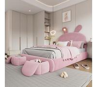 Letto imbottito 140x200 cm con due contenitori e lampada orecchio luminosità regolabile coniglio, velluto, rosa/Bianco