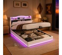 Letto Imbottito 140x200 cm con LED e USB,Letto Matrimoniale con Contenitore,Modern Struttura del Letti Idraulico con Testiera Portaoggetti e Rete a Doghe In Legno,letto contenitore idraulico,Velluto
