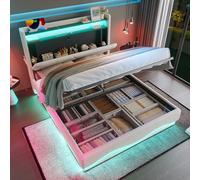 Letto imbottito 140x200 cm moderno, testiera con LED e ripiani, rete a doghe con molle a gas, vano contenitore sotto il letto, porte USB certificate e tasche laterali (Beige-1, 140 x 200 cm)