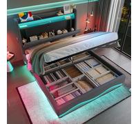 Letto imbottito 140x200 cm moderno, testiera con LED e ripiani, rete a doghe con molle a gas, vano contenitore sotto il letto, porte USB certificate e tasche laterali (Grigio scuro-1, 140 x 200 cm)