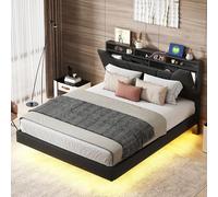 Letto imbottito 140x200 cm, struttura letto matrimoniale, giroletto con illuminazione a LED, struttura letto sospesa con rete a doghe, box contenitore, testiera con contenitore, senza materasso
