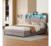 Letto imbottito 140x200 - funzione di carico, letto imbottito con 2 cassetti e rete a doghe, letto funzionale matrimoniale con struttura schienale, grigio, lino, senza materasso 1. Versatile spazio co