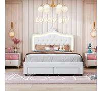Letto imbottito 140x200cm con rete a doghe, letto per ragazzi, letto per bambini con LED, letto matrimoniale con modanatura a corona, letto in legno, letto classico, PU Materiale in pelle sintetica re