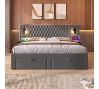 Letto imbottito 160 x 200 cm, camera da letto, set completo matrimoniale con 2 comodini e 4 cassetti, testiera, luce da lettura con funzione di ricarica USB, velluto grigio (con materasso)