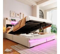 Letto imbottito, 160 x 200 cm, con presa USB C, funzione di ricarica, barra luminosa telecomandata sotto il letto, testiera con vano portaoggetti, letto idraulico, con luci a LED, senza materasso