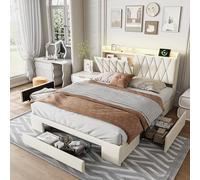 Letto imbottito 160 x 200 cm con testiera a LED, 3 pratici cassetti, con vano portaoggetti, letto per ragazzi, letto con rete a doghe, letto matrimoniale funzionale, in velluto beige, senza materasso