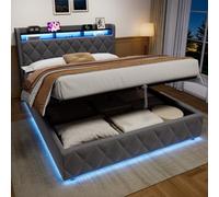 Letto imbottito, 160 x 200 cm, con vano portaoggetti, letto a LED, letto | Letto portaoggetti con USB, prese, rete a doghe e ripiano nella testiera, telaio del letto senza materasso