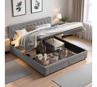 Letto imbottito 160 x 200 cm, letto matrimoniale con vano portaoggetti e cassetti, struttura del letto con rete a doghe, letto a molle, telaio imbottito per ragazzi, in velluto, grigio, senza