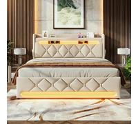 Letto imbottito 160 x 200 letto matrimoniale, con porta USB e tipo C, funzione LED 360 surround intorno alla testa e ai piedi, letti con spazio di archiviazione idraulico, beige, lino (senza materasso