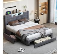 Letto imbottito 160x200 cm con 3 cassetti, LED e USB, struttura letto matrimoniale con rete, letto per giovani LED, senza materasso (Grigio E, 160 x 200 cm)