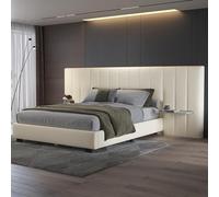 Letto imbottito 160x200 cm con testiera e schienale allungabili, rivestimento in velluto, 2 ripiani su entrambi i lati, rete a doghe inclusa, robusta struttura in legno, design lucido,beige