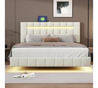 Letto imbottito 160x200cm, giroletto imbottito sospeso con luci a LED e design della testiera, letto matrimoniale piatto letto per gli ospiti in lino delicato (beige)