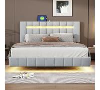 Letto imbottito 160x200cm, giroletto imbottito sospeso con luci a LED e design della testiera, letto matrimoniale piatto letto per gli ospiti in lino delicato (grigio)