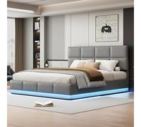 Letto imbottito 180 x 200 cm, con illuminazione a LED e vano letto idraulico sollevabile, cassetta del letto e rete a doghe, rivestimento in ecopelle per adulti (grigio chiaro)
