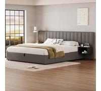 Letto imbottito 180 x 200 cm, letto idraulico largo con due comodini con vano portaoggetti, adatto per adulti e ragazzi, rete a doghe in legno, facile montaggio, lino, grigio + nero