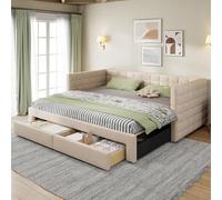 Letto imbottito 3 in 1 Divano letto allungabile 90 x 190 cm, con cassetti, trasformabile in letto singolo/matrimoniale con rete a doghe, cotone e lino, beige (materasso non incluso)