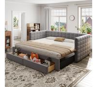 Letto imbottito 3 in 1 Divano letto allungabile 90 x 190 cm, con cassetti, trasformabile in letto singolo/matrimoniale con rete a doghe, cotone e lino, beige (materasso non incluso)