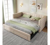 Letto imbottito 3 in 1 divano letto estraibile 90 x 190 cm, letto multifunzione con cassetti, trasformabile in letto singolo/matrimoniale con rete a doghe, cotone e lino (beige)