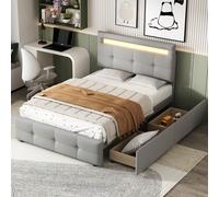 Letto imbottito 90*200cm con illuminazione a LED, 2 cassetti, rivestimento in lino delicato sulla pelle, letto singolo piatto, letto per bambini, letto per ragazzi, letto per gli ospiti (grigio) Tipol