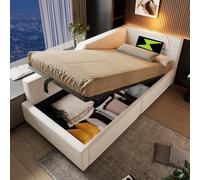 Letto imbottito, 90 x 190 cm, divano letto con vano idraulico, funzione luce da lettura e funzione di ricarica USB-C, letto per ragazzi con rete a doghe in legno (beige, 203 x 70 x 98 cm)