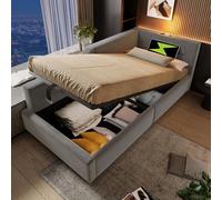 Letto imbottito, 90 x 190 cm, divano letto con vano idraulico, funzione luce da lettura e funzione di ricarica USB-C, letto per bambini con rete a doghe in legno (grigio, 213 x 70,5 x 98 cm)