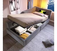 Letto imbottito, 90 x 190 cm, divano letto con vano idraulico, funzione luce da lettura e funzione di ricarica USB-C, letto per bambini con rete a doghe in legno (grigio, 203 x 70 x 98 cm)