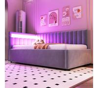Letto imbottito 90 x 200 cm, con illuminazione a LED e spazio idraulico, design classico a strisce verticali, testiere laterali con posizioni intercambiabili, rete a doghe, tessuto in velluto, grigio