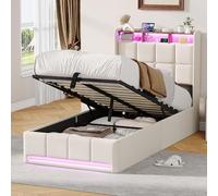 Letto imbottito 90 x 200 cm con LED, Letto contenitore 90 x 200 cm con USB e Type-C, Letti idraulici con spazio di archiviazione, letti singoli per bambini 90 x 200 con rete a doghe LETTO per 1