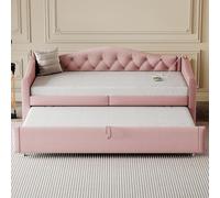Letto imbottito 90 x 200 cm, divano letto estraibile con porta USB, forma classica con bottoni, rete a doghe multifunzionale, letto per gli ospiti in tessuto di lino rosa (materasso non incluso)