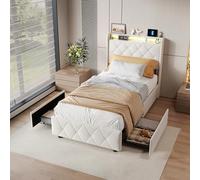 Letto imbottito 90 x 200 cm, letto cassettiera con 2 cassetti e LED, porte USB e Type-C, letto matrimoniale 90 x 200 con rete, letto imbottito con contenitore letti per adolescenti letto singolo