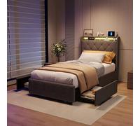 Letto imbottito 90 x 200 cm, letto cassettiera con 2 cassetti e LED, porte USB e Type-C, letto matrimoniale 90 x 200 cm, con rete letto imbottito con ripostiglio letti per adolescenti letto singolo