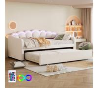 Letto imbottito, 90 x 200 cm, letto con letto estraibile 90 x 190 cm, divano letto, letto singolo (senza materasso), velluto, luce ambientale che cambia colore, telecomando, stile minimalista (beige)