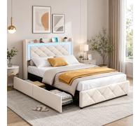 Letto imbottito 90 x 200 cm, letto imbottito con 2 cassetti,Letto LED con funzione di ricarica USB, schienale con spazio di archiviazione letto singolo con rete a doghe, letti per adolescenti (beige