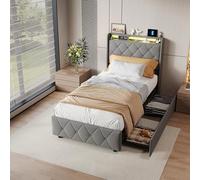 Letto imbottito 90 x 200 cm, letto matrimoniale 90 x 200 con rete letto imbottito con 2 cassetti e lampada da comodino LED, porte USB e Type-C, letti per adolescenti letto singolo (grigio-g, 90 x 200)