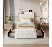 Letto imbottito 90 x 200 cm, letto matrimoniale 90 x 200 con rete letto imbottito con 2 cassetti e lampada da comodino LED, porte USB e Type-C, letti per adolescenti letto singolo (Beige-d, 90 x 200)