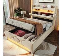 Letto imbottito 90 x 200 cm, letto matrimoniale, testiera con porta USB e tipo C, funzione LED 360 surround intorno alla testa e ai piedi, letti con spazio idraulico, lino (senza materasso) (beige)