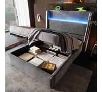 Letto imbottito 90 x 200 cm, letto matrimoniale - testiera imbottita con connettore LED e USB/Type-C, letto idraulico, letto con vano portaoggetti e rete a doghe, letto per ragazzi, letto funzionale