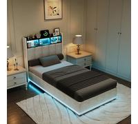 Letto imbottito 90 x 200 cm, letto per ragazzi con testa a LED, letto singolo, letto funzionale idraulico, struttura imbottita con rete a doghe, velluto, senza materasso (beige, 90 x 200 cm)