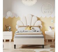 Letto imbottito 90 x 200 cm, letto singolo 90 x 200 cm, con testiera a forma di fiore e rete a listelli, telaio per letti imbottiti in velluto morbido per la pelle letto per bambini adolescenti (beige