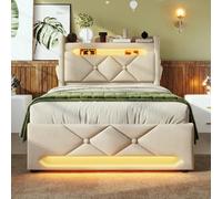 Letto imbottito 90 x 200 cm letto singolo, capienza testiera con porta USB e tipo C, funzione LED 360 surround intorno alla testa e ai piedi, letti con spazio di archiviazione idraulico, beige, lino