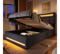 Letto imbottito, 90 x 200 cm, telecomando APP, striscia luminosa ambientale, sotto il letto, stoccaggio idraulico, senza materasso, con presa USB, lino (grigio)