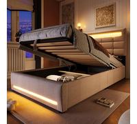 Letto imbottito, 90 x 200 cm, telecomando APP, striscia luminosa ambientale, sotto il letto, stoccaggio idraulico, senza materasso, con presa USB, lino (beige)