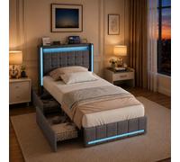 Letto Imbottito 90x200 cm con 2 Cassetti,Letto singolo con LED e USB lino