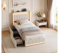 Letto Imbottito 90x200 cm con 2 Cassetti,Letto singolo con LED e USB lino