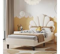Letto imbottito 90x200 con testiera a forma di fiore, letti imbottiti per bambini con testiera regolabile, letti 90x200 con rete, letto singolo per adolescenti e bambini, ragazze (Beige)
