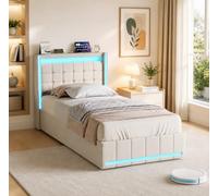 Letto Imbottito 90x200cm con idraulico,Letto singolo con LED e USB lino