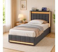 Letto Imbottito 90x200cm con idraulico,Letto singolo con LED e USB lino