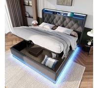 Letto imbottito a doppia beta, 360 LED surround, pulsante, app/telecomando, 140 x 190 cm, materiale in lino grigio, letto di stoccaggio idraulico, testiera imbottita con funzione di ricarica USB di