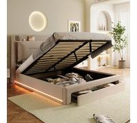 Letto imbottito a LED, letto idraulico, cassetti 2 in 1 all'estremità del letto, strisce LED incassate su entrambi i lati del letto, rete a doghe, senza materasso, velluto (beige, 140 x 190 cm)